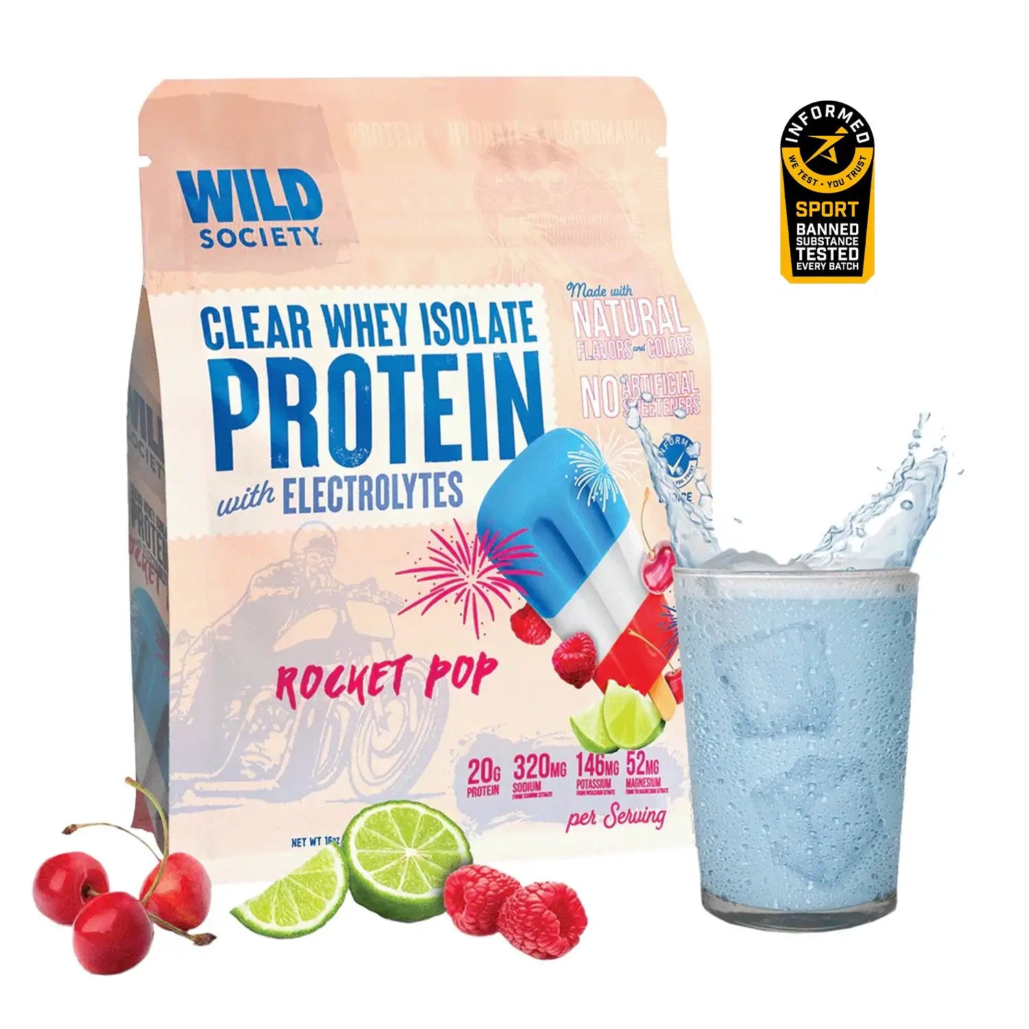 Wild Society Clear Whey Isolate Protein package with a glass of protein shake and ingredients on a white background