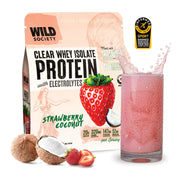 Wild Society strawberry coconut protein package with a glass of pink protein shake.