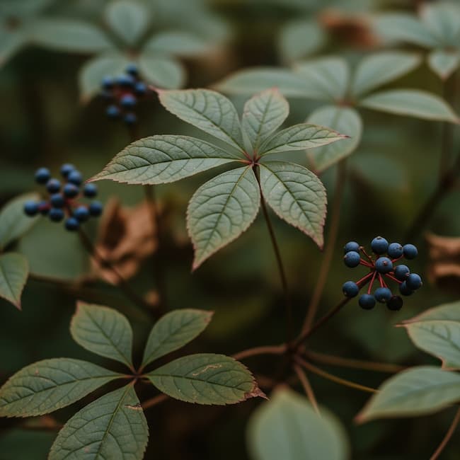 Close-up of green leaves and blue berries with a blurred background