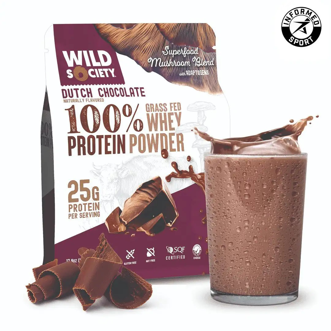 Wild Society Dutch Chocolate protein powder package with a glass of chocolate protein shake.