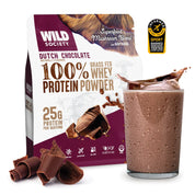 Wild Society Dutch Chocolate protein powder with a glass of chocolate shake on a white background