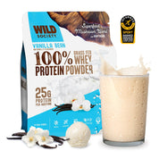 Wild Society vanilla bean protein powder package with a glass of protein shake.