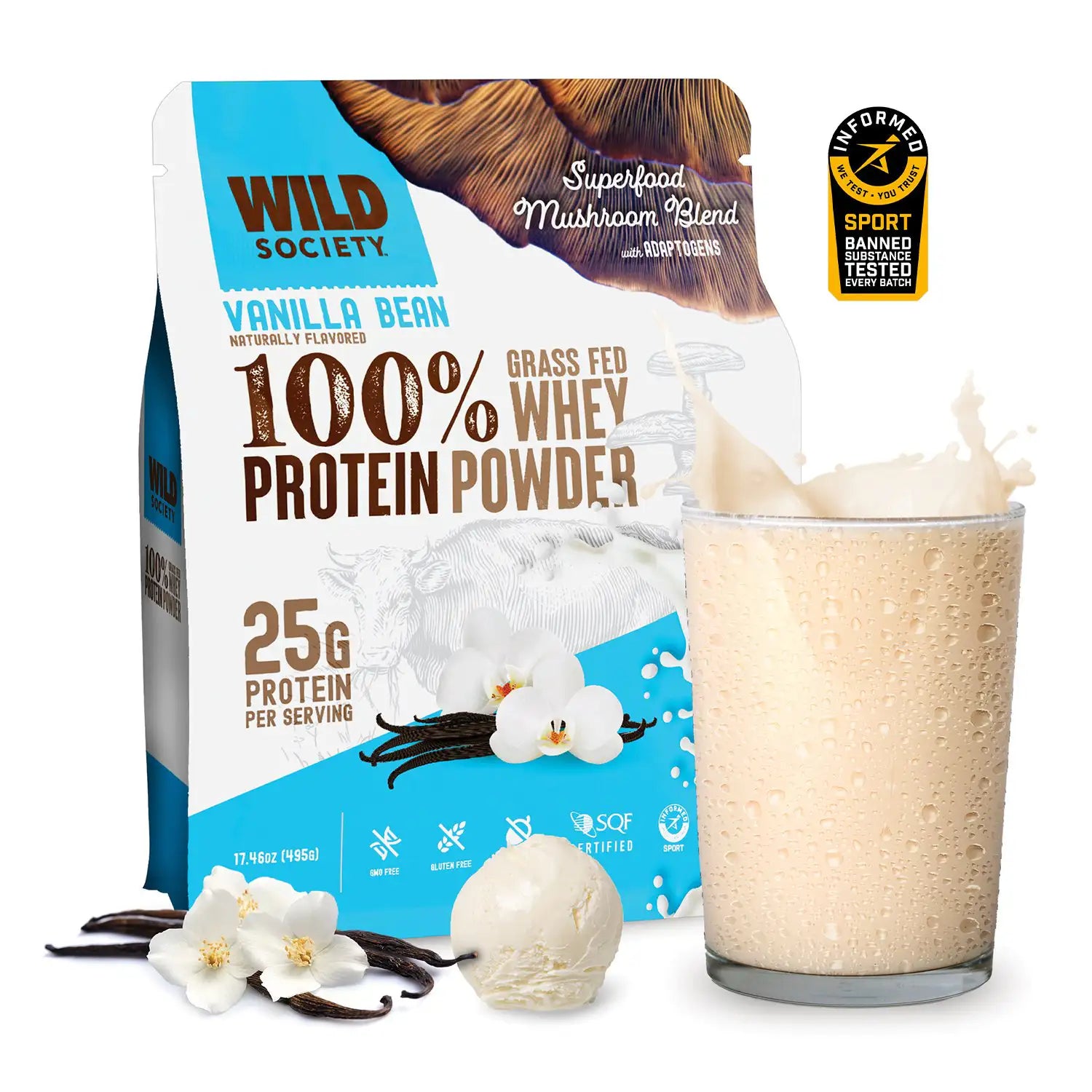 Wild Society vanilla bean protein powder package with a glass of protein shake.