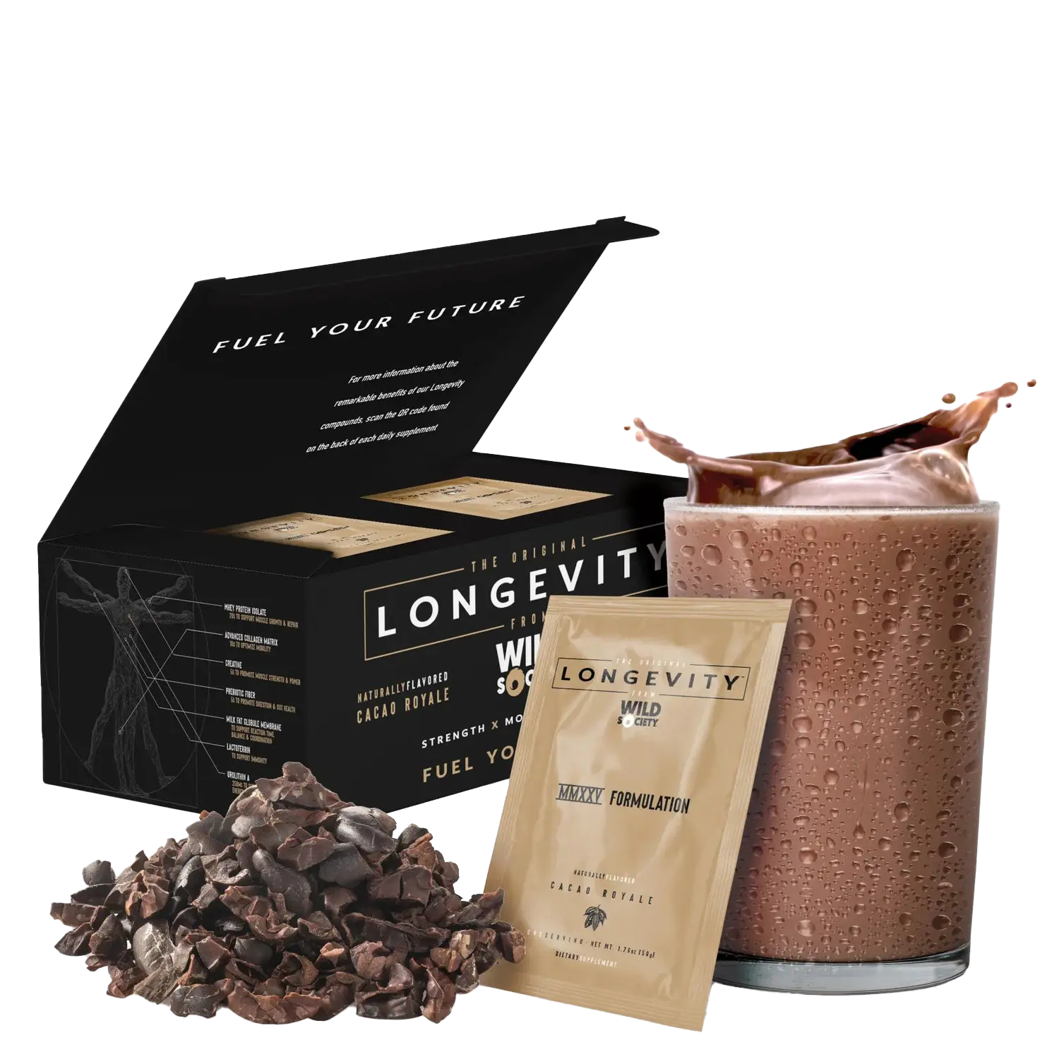 Longevity product packaging with chocolate pieces and a shake on a white background