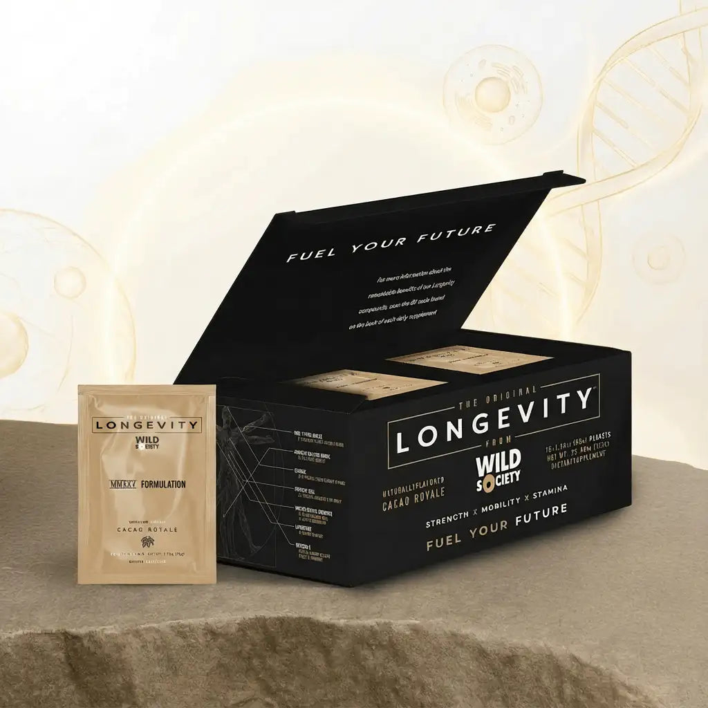 Longevity supplement packaging with a black box and beige packets on a neutral background