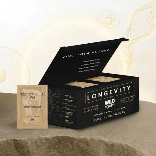 Longevity supplement packaging with a black box and beige packets on a neutral background