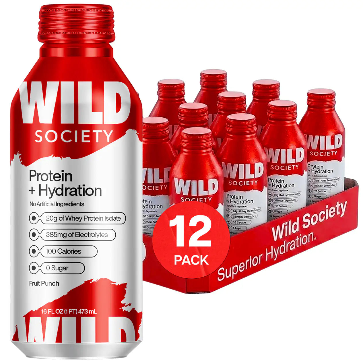 Red and white Wild Society protein and hydration bottle with a 12-pack box on a white background