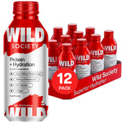 Red and white Wild Society protein and hydration bottle with a 12-pack box on a white background