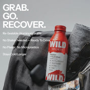 Red and gray Wild Society protein and hydration bottle in a bag with text about its features.