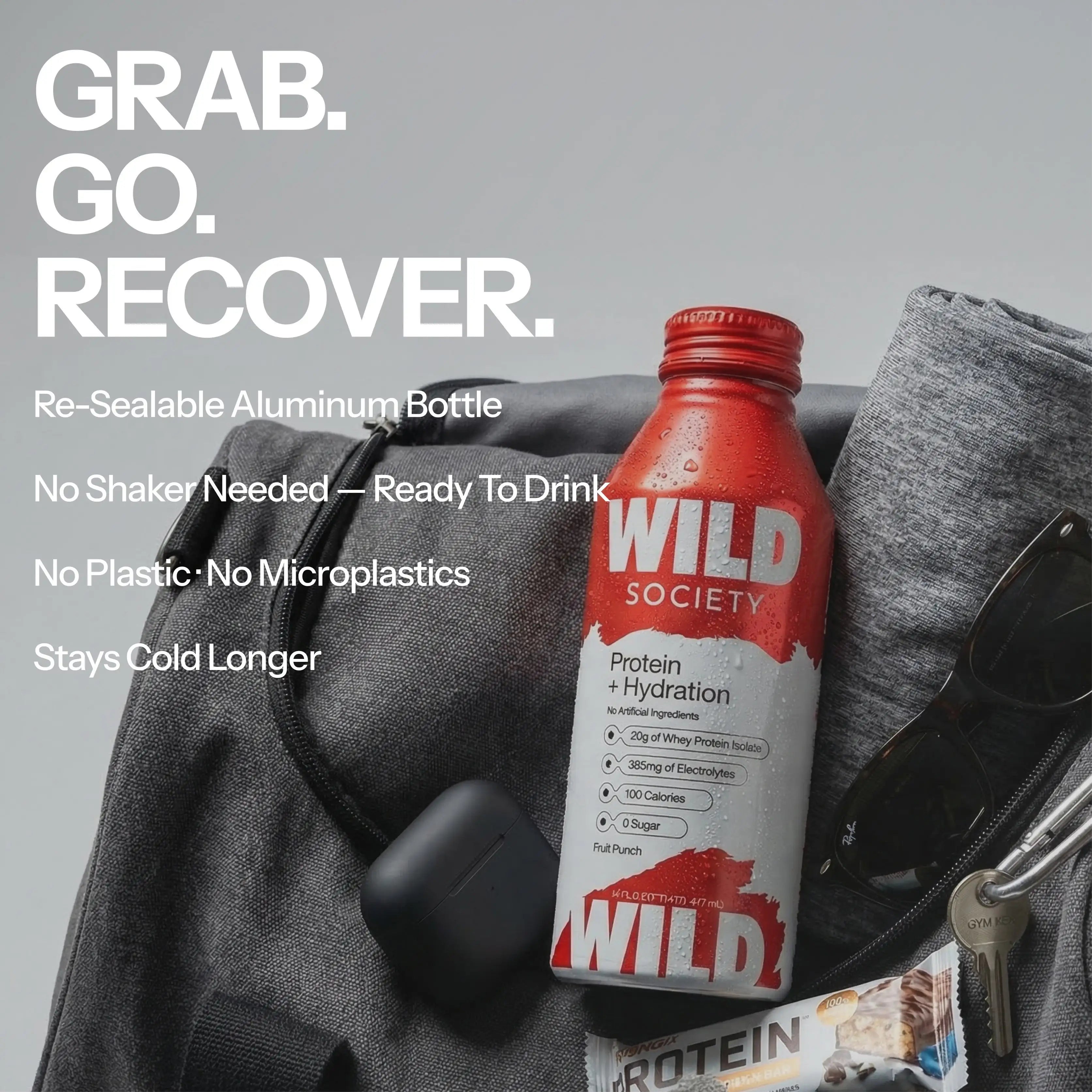 Red and gray Wild Society protein and hydration bottle in a bag with text about its features.