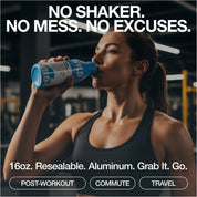Woman drinking from a protein shake container with text emphasizing convenience and no excuses.
