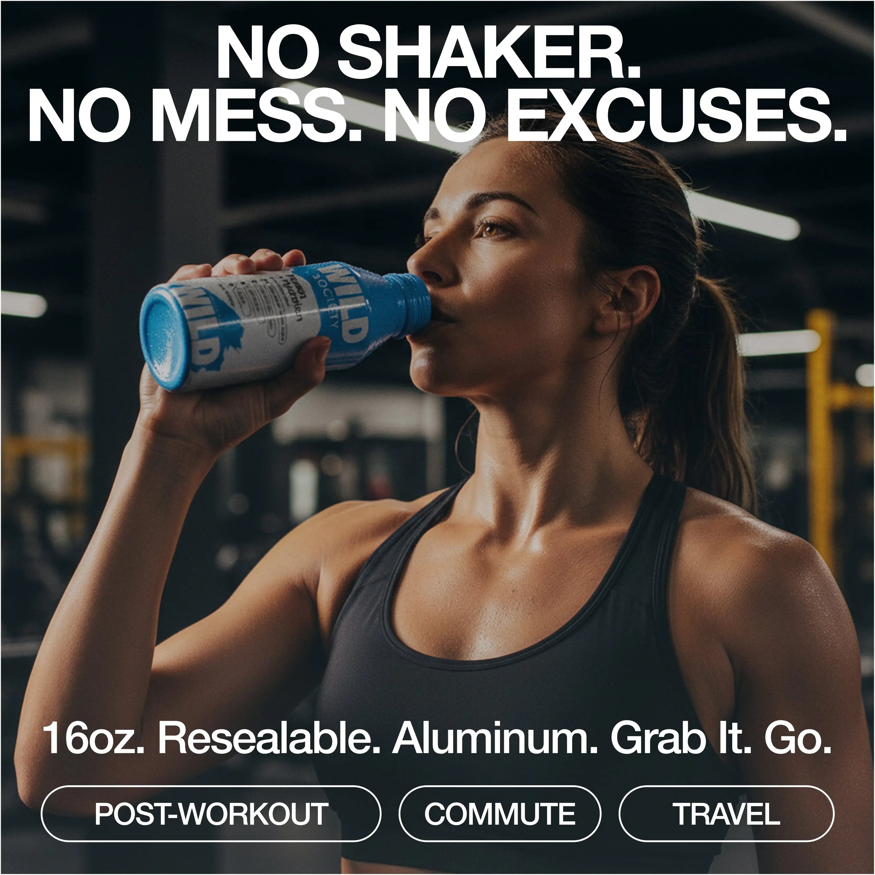 Woman drinking from a protein shake container with text emphasizing convenience and no excuses.