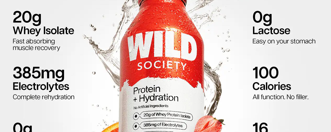 Wild Society protein + hydration drink bottle with nutritional information on a white background