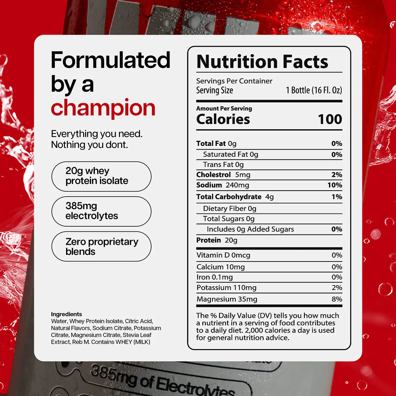 Nutrition facts label on a red background with product details.