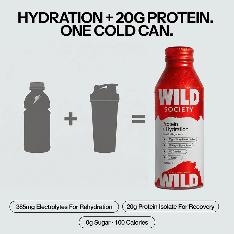 Red and white protein and hydration drink container with text on a light gray background