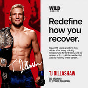 Man holding a championship belt with promotional text for Wild Society and TJ Dillashaw's brand.