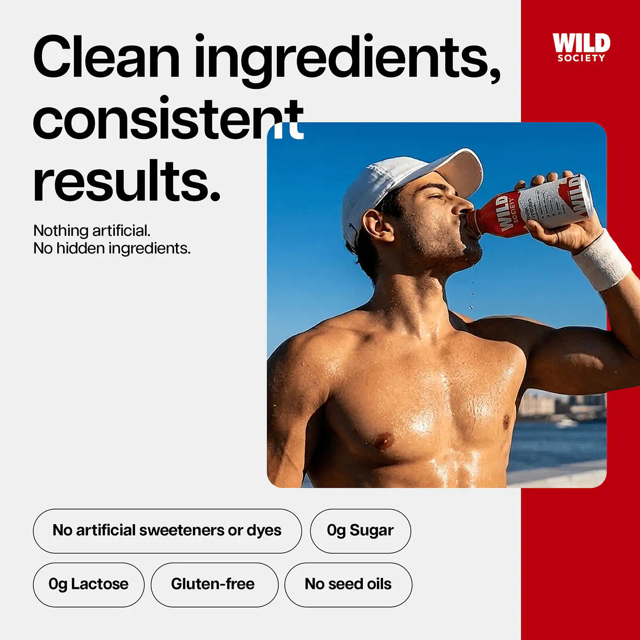 Man drinking from a Wild Society bottle with promotional text about clean ingredients and consistent results.