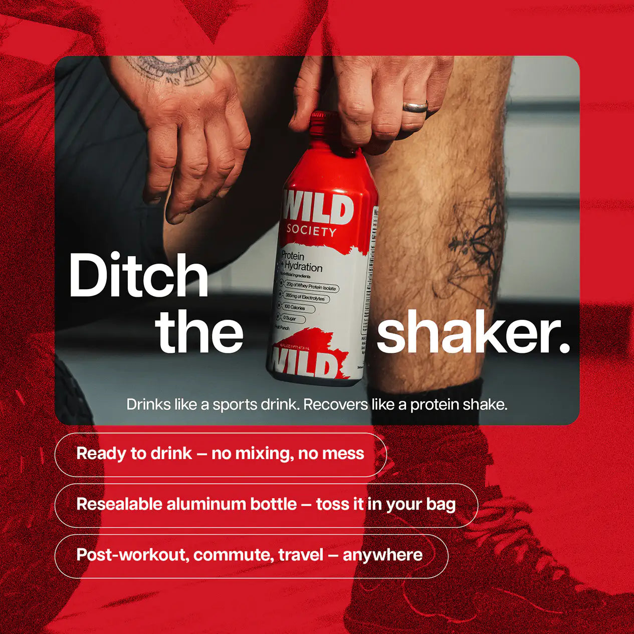 Person holding a red and white 'WILD Society' protein shake bottle with promotional text on a red background.