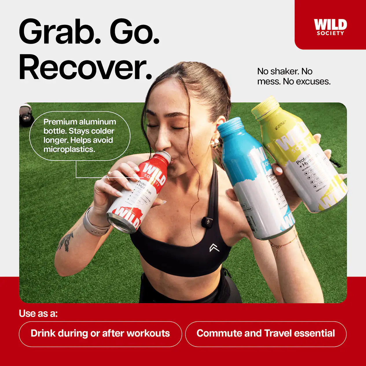 Woman holding multiple Wild Society bottles with promotional text on a grassy background
