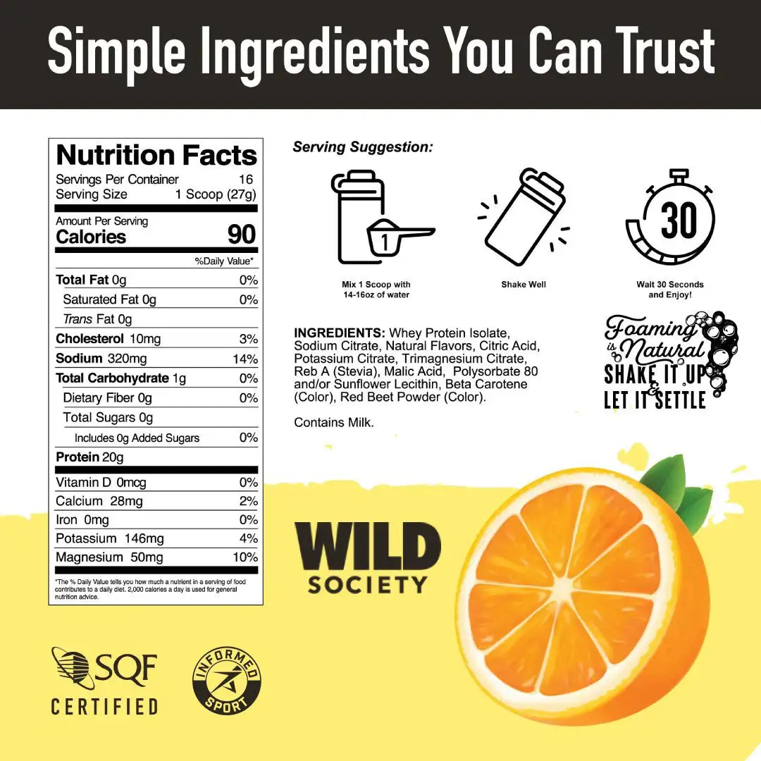 Nutrition label and branding elements for Wild Society protein product with an orange illustration.