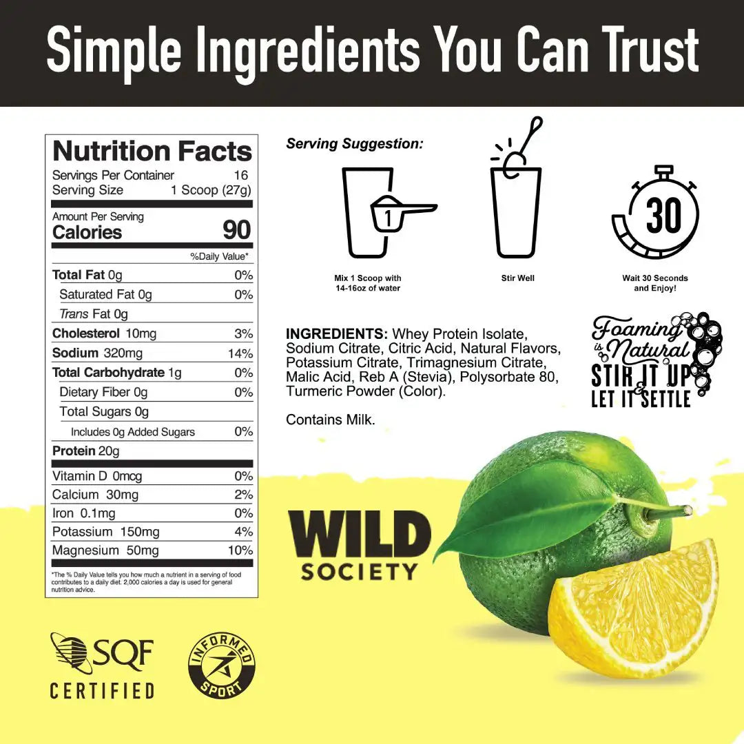 Nutrition label and ingredients list for a product by Wild Society with lemon and lime illustration on a yellow background.