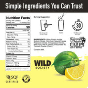 Nutrition label and ingredients list for a product by Wild Society with lemon and lime illustration on a yellow background.