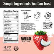 Nutrition label and ingredients list for a Wild Society product with a strawberry and coconut illustration.