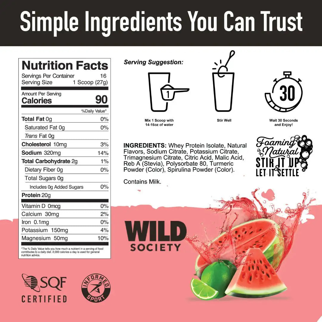 Nutrition label and ingredients list for a product by Wild Society with watermelon illustration.