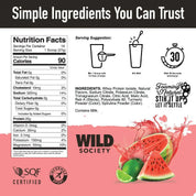 Nutrition label and ingredients list for a product by Wild Society with watermelon illustration.