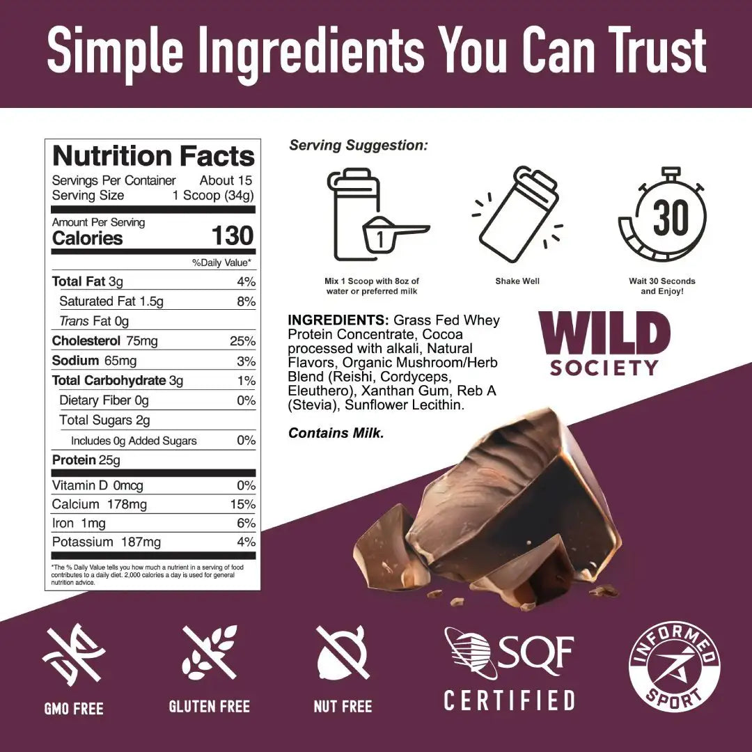 Nutrition label and product information for a protein powder with Wild Society branding on a purple background.