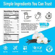 Nutrition label and product information for a protein supplement with Wild Society branding on a blue background.