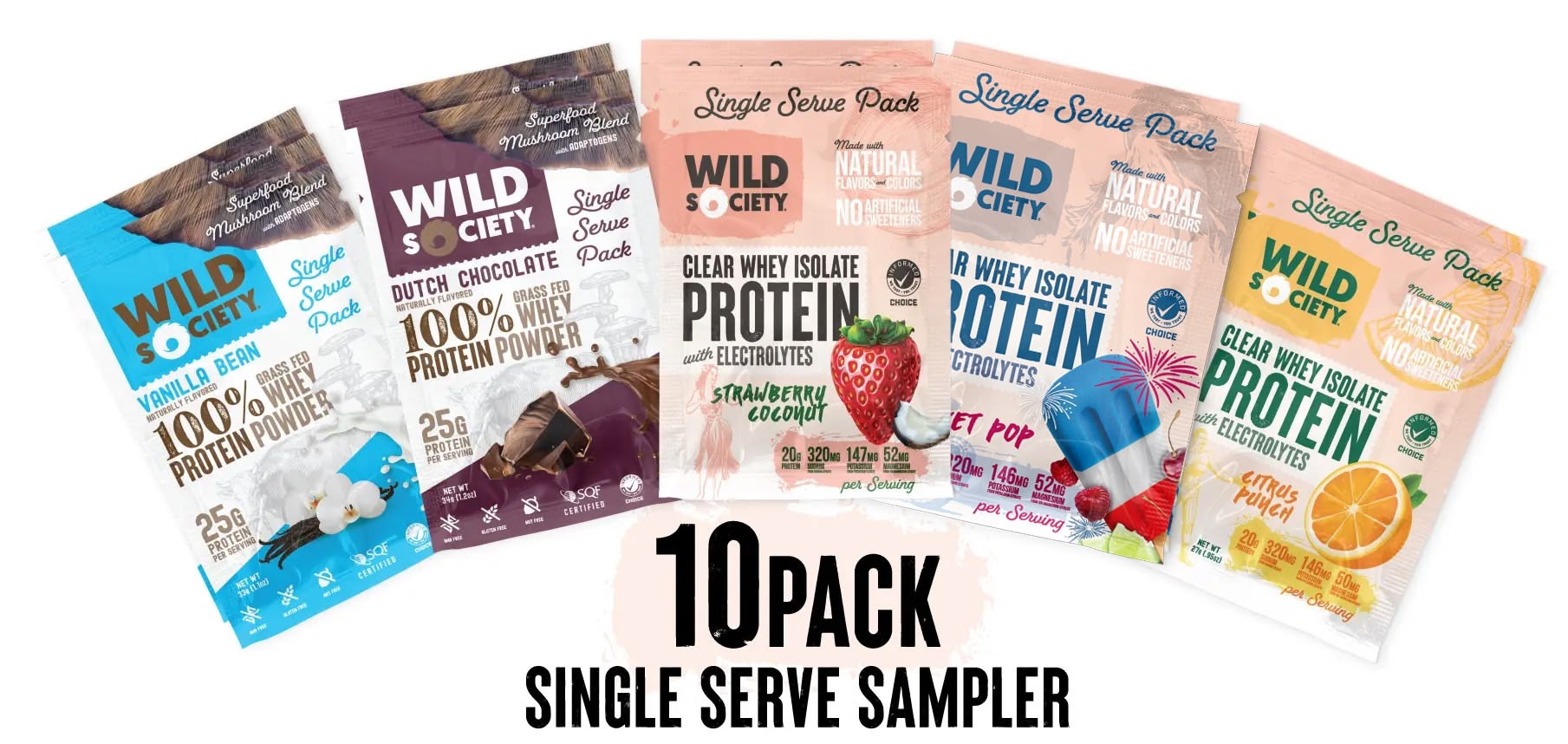 A selection of 10 individual packets from a single serve sample pack, displaying various flavors of protein powder.