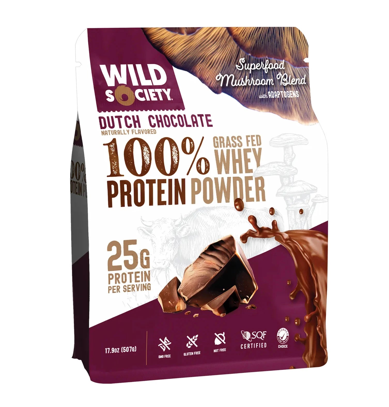 Wild Society - 100% Grass-Fed Whey Protein Powder - With Superfood Mushroom Blend - 25G Protein - Dutch Chocolate