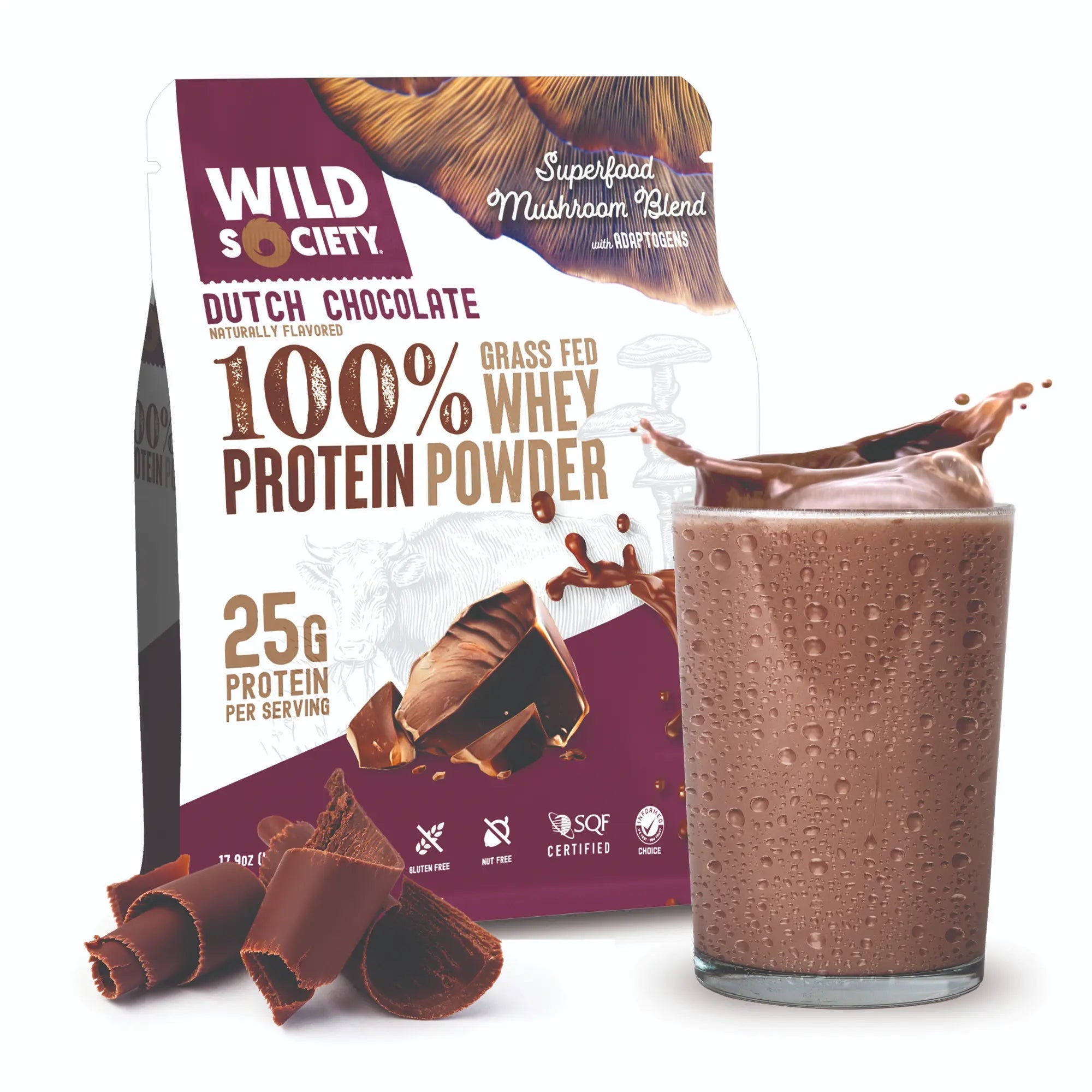 Wild Society - 100% Grass-Fed Whey Protein Powder - With Superfood Mushroom Blend - 25G Protein - Dutch Chocolate