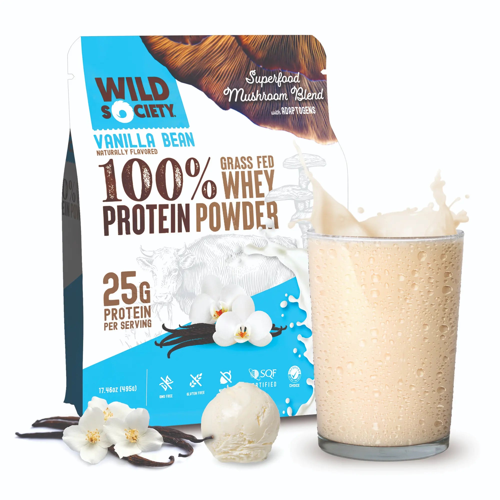 Wild Society - 100% Grass-Fed Whey Protein Powder - With Superfood Mushroom Blend - 25G Protein - Vanilla Bean