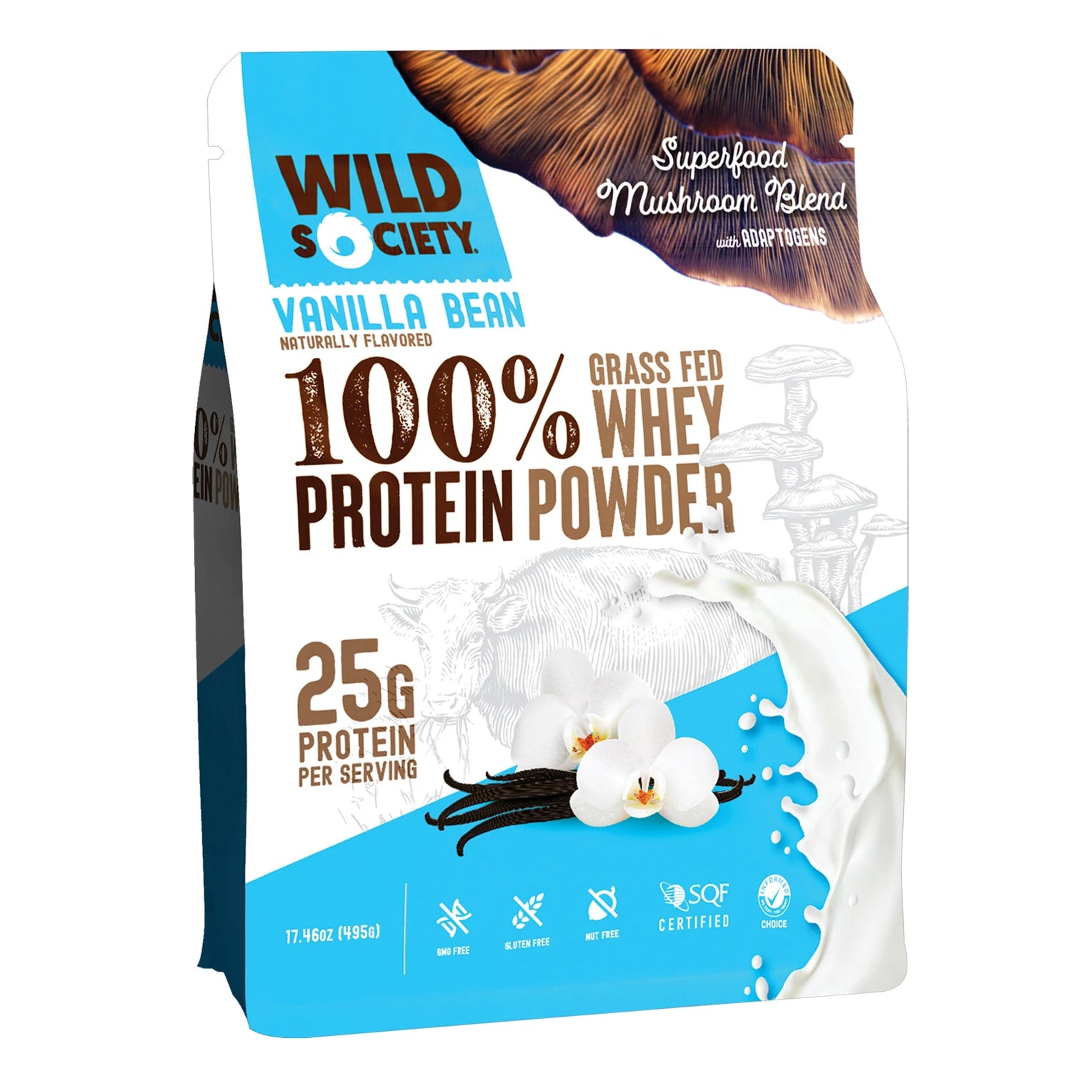 Wild Society - 100% Grass-Fed Whey Protein Powder - With Superfood Mushroom Blend - 25G Protein - Vanilla Bean