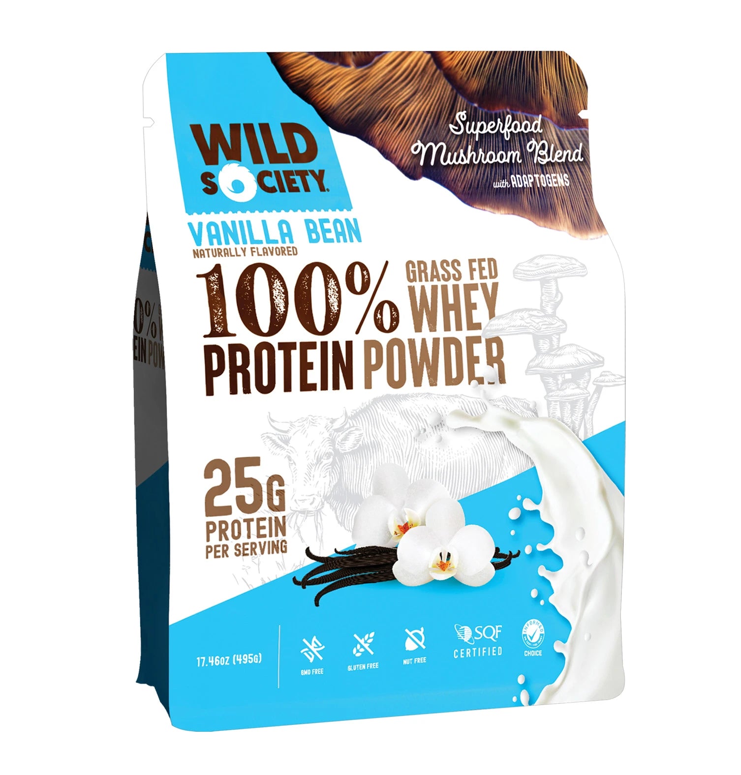 Wild Society - 100% Grass-Fed Whey Protein Powder - With Superfood Mushroom Blend - 25G Protein - Vanilla Bean