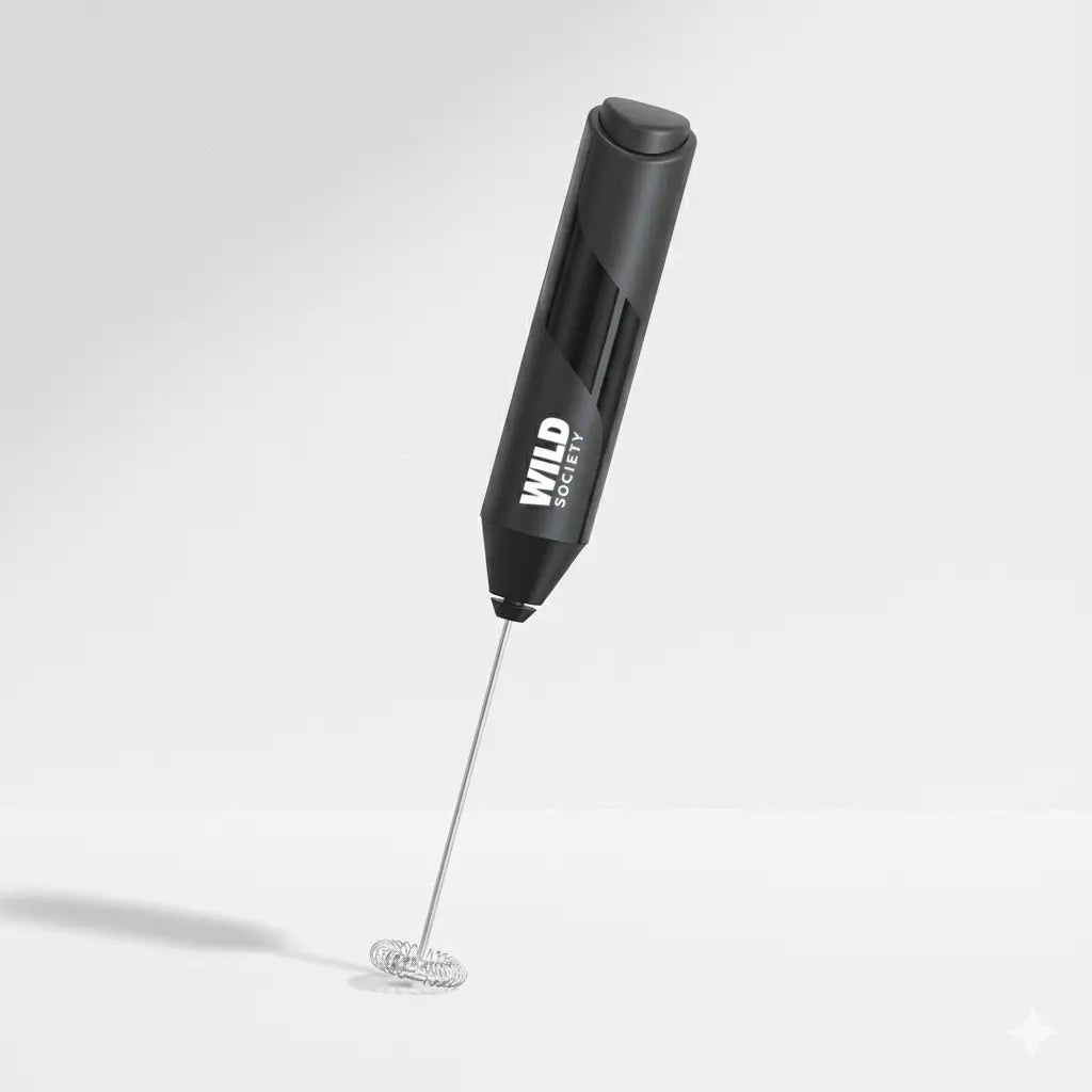 Black handheld milk frother with 'WILD Society' branding on a white background